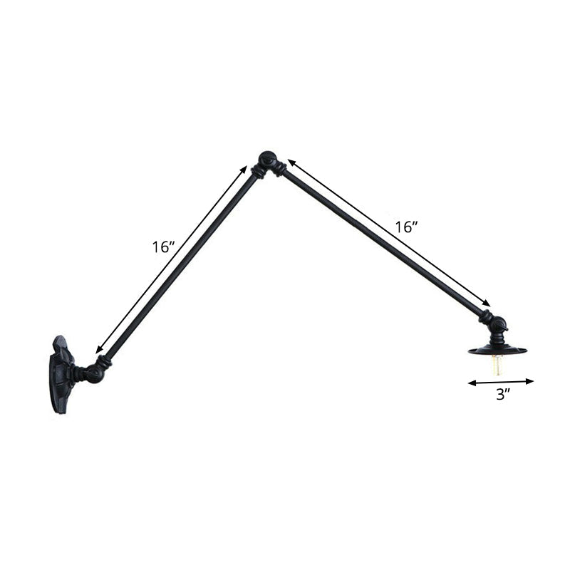 Skørter | Adjustable 2-arm iron wall lamp Warehouse 1-light studio task wall lamp with disc shade in black, 4"/12"/19.5" long