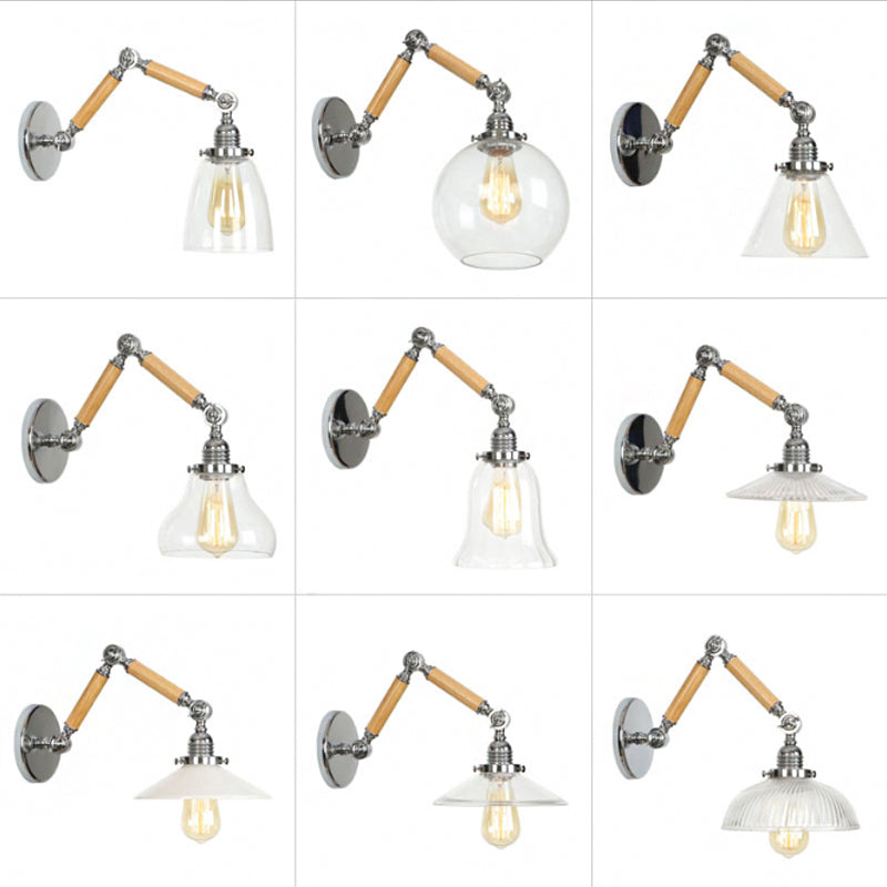 Lisslune | Brown-Silver 1-Bulb Reading Wall Light Loft Clear Glass Bulb/Plate/Bell Shade Wall Lighting with Wood 2-Joint Adjustable Arm