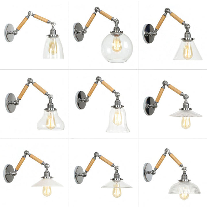 Lisslune | Brown-Silver 1-Bulb Reading Wall Light Loft Clear Glass Bulb/Plate/Bell Shade Wall Lighting with Wood 2-Joint Adjustable Arm
