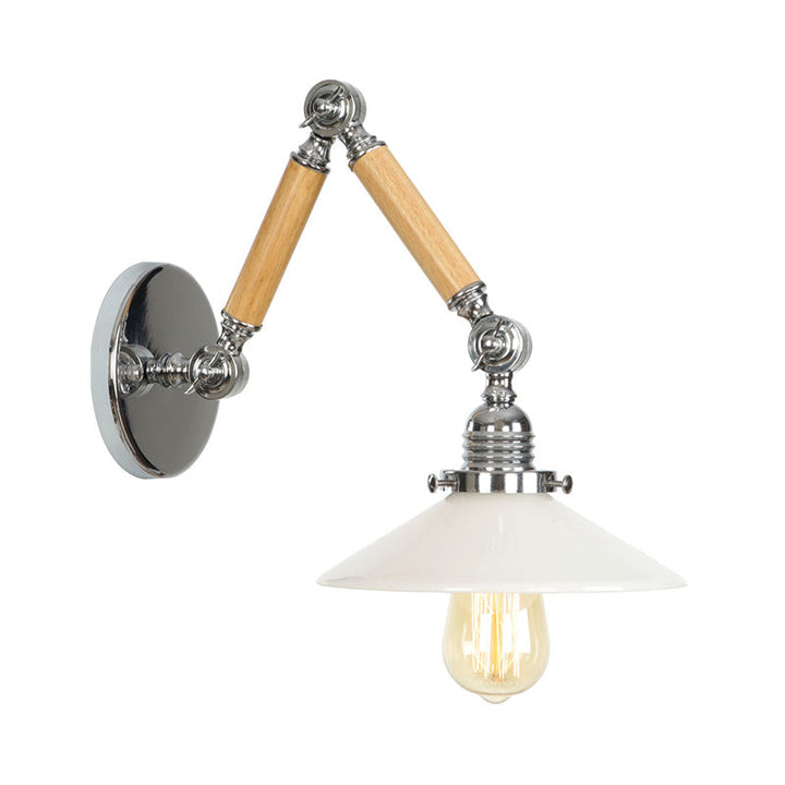 Lisslune | Brown-Silver 1-Bulb Reading Wall Light Loft Clear Glass Bulb/Plate/Bell Shade Wall Lighting with Wood 2-Joint Adjustable Arm