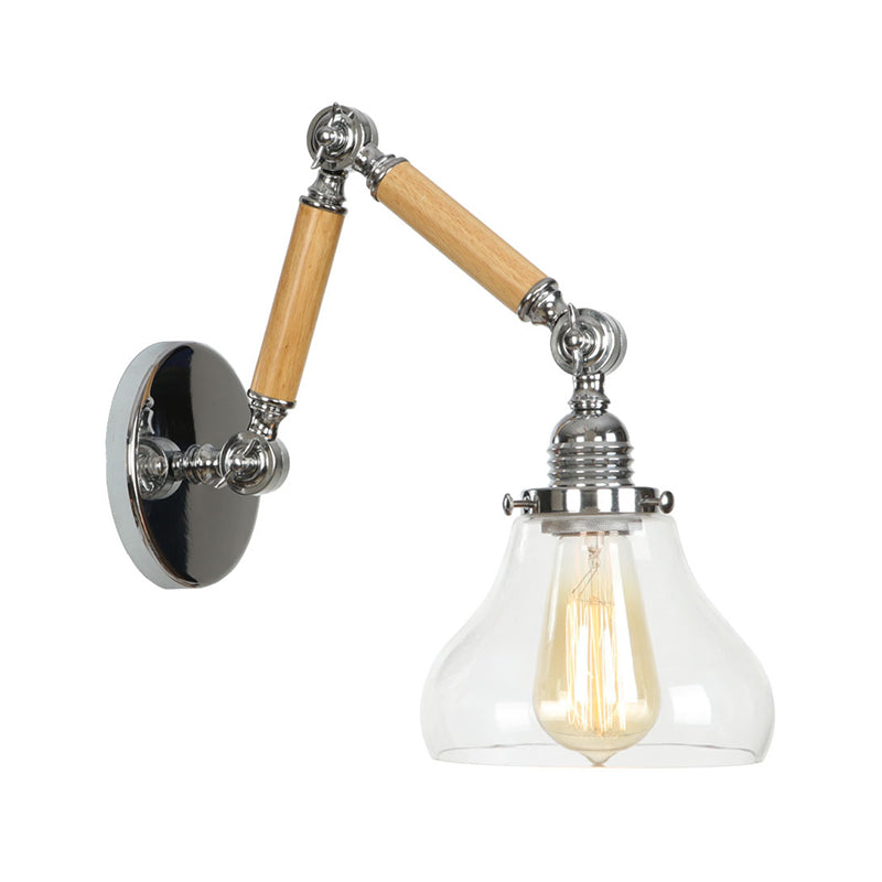 Lisslune | Brown-Silver 1-Bulb Reading Wall Light Loft Clear Glass Bulb/Plate/Bell Shade Wall Lighting with Wood 2-Joint Adjustable Arm