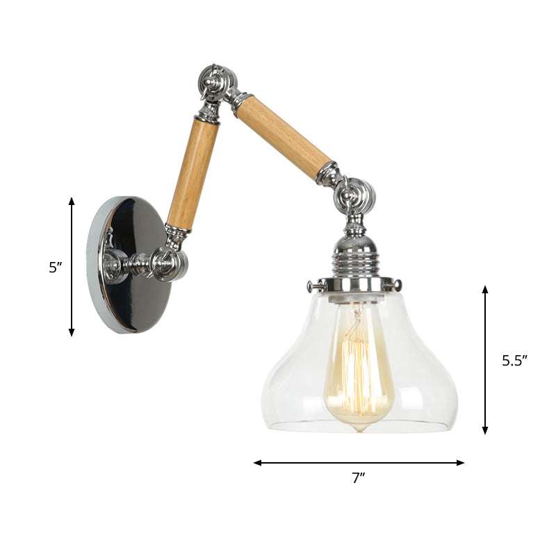 Lisslune | Brown-Silver 1-Bulb Reading Wall Light Loft Clear Glass Bulb/Plate/Bell Shade Wall Lighting with Wood 2-Joint Adjustable Arm