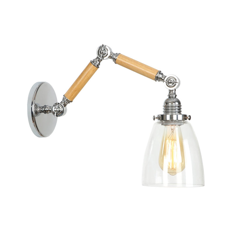 Lisslune | Brown-Silver 1-Bulb Reading Wall Light Loft Clear Glass Bulb/Plate/Bell Shade Wall Lighting with Wood 2-Joint Adjustable Arm