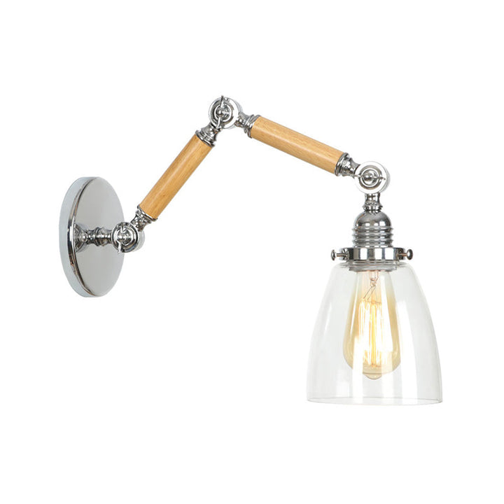 Lisslune | Brown-Silver 1-Bulb Reading Wall Light Loft Clear Glass Bulb/Plate/Bell Shade Wall Lighting with Wood 2-Joint Adjustable Arm