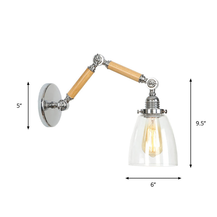 Lisslune | Brown-Silver 1-Bulb Reading Wall Light Loft Clear Glass Bulb/Plate/Bell Shade Wall Lighting with Wood 2-Joint Adjustable Arm