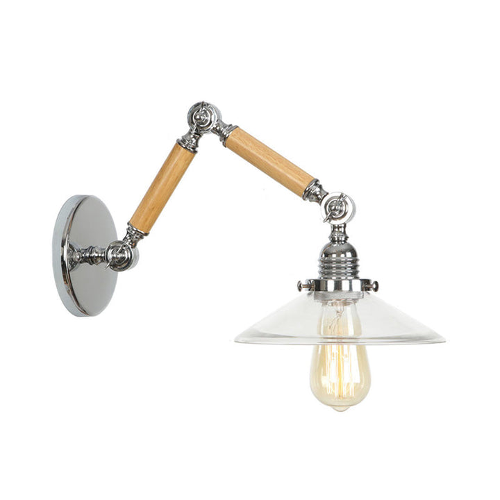 Lisslune | Brown-Silver 1-Bulb Reading Wall Light Loft Clear Glass Bulb/Plate/Bell Shade Wall Lighting with Wood 2-Joint Adjustable Arm