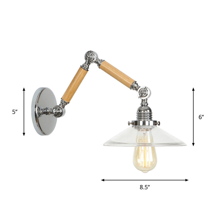 Lisslune | Brown-Silver 1-Bulb Reading Wall Light Loft Clear Glass Bulb/Plate/Bell Shade Wall Lighting with Wood 2-Joint Adjustable Arm