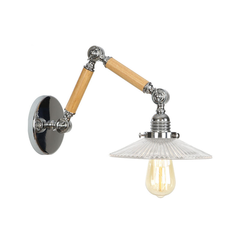 Lisslune | Brown-Silver 1-Bulb Reading Wall Light Loft Clear Glass Bulb/Plate/Bell Shade Wall Lighting with Wood 2-Joint Adjustable Arm