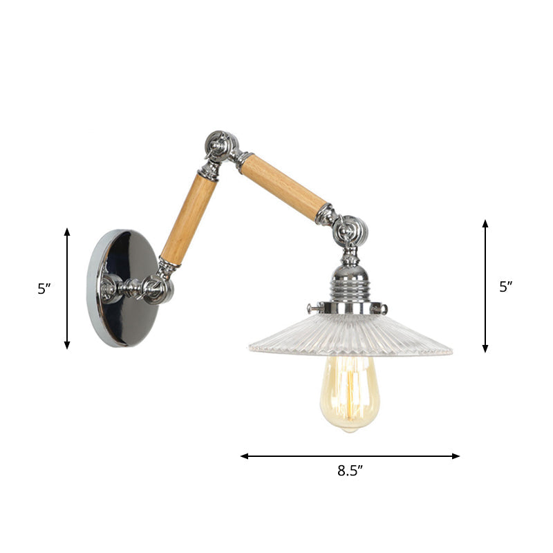 Lisslune | Brown-Silver 1-Bulb Reading Wall Light Loft Clear Glass Bulb/Plate/Bell Shade Wall Lighting with Wood 2-Joint Adjustable Arm