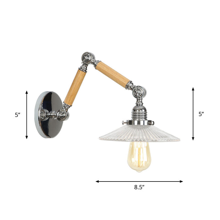 Lisslune | Brown-Silver 1-Bulb Reading Wall Light Loft Clear Glass Bulb/Plate/Bell Shade Wall Lighting with Wood 2-Joint Adjustable Arm