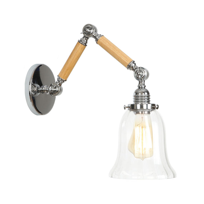 Lisslune | Brown-Silver 1-Bulb Reading Wall Light Loft Clear Glass Bulb/Plate/Bell Shade Wall Lighting with Wood 2-Joint Adjustable Arm