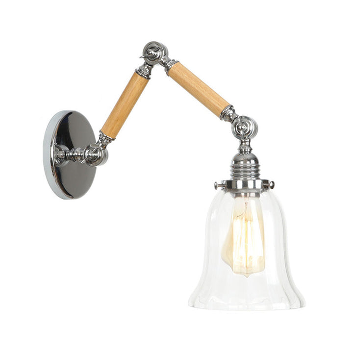 Lisslune | Brown-Silver 1-Bulb Reading Wall Light Loft Clear Glass Bulb/Plate/Bell Shade Wall Lighting with Wood 2-Joint Adjustable Arm