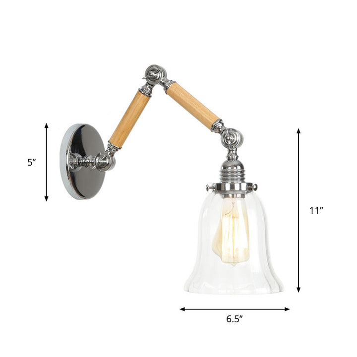 Lisslune | Brown-Silver 1-Bulb Reading Wall Light Loft Clear Glass Bulb/Plate/Bell Shade Wall Lighting with Wood 2-Joint Adjustable Arm