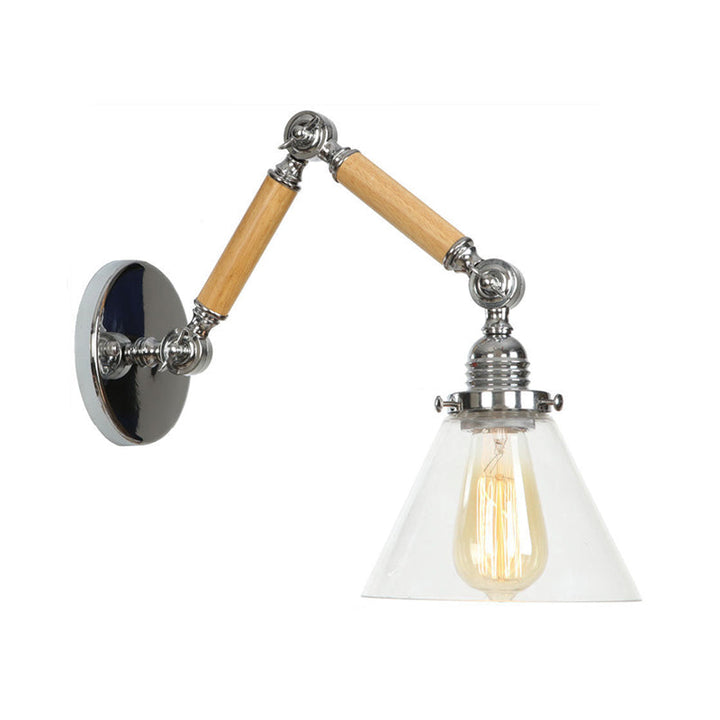 Lisslune | Brown-Silver 1-Bulb Reading Wall Light Loft Clear Glass Bulb/Plate/Bell Shade Wall Lighting with Wood 2-Joint Adjustable Arm