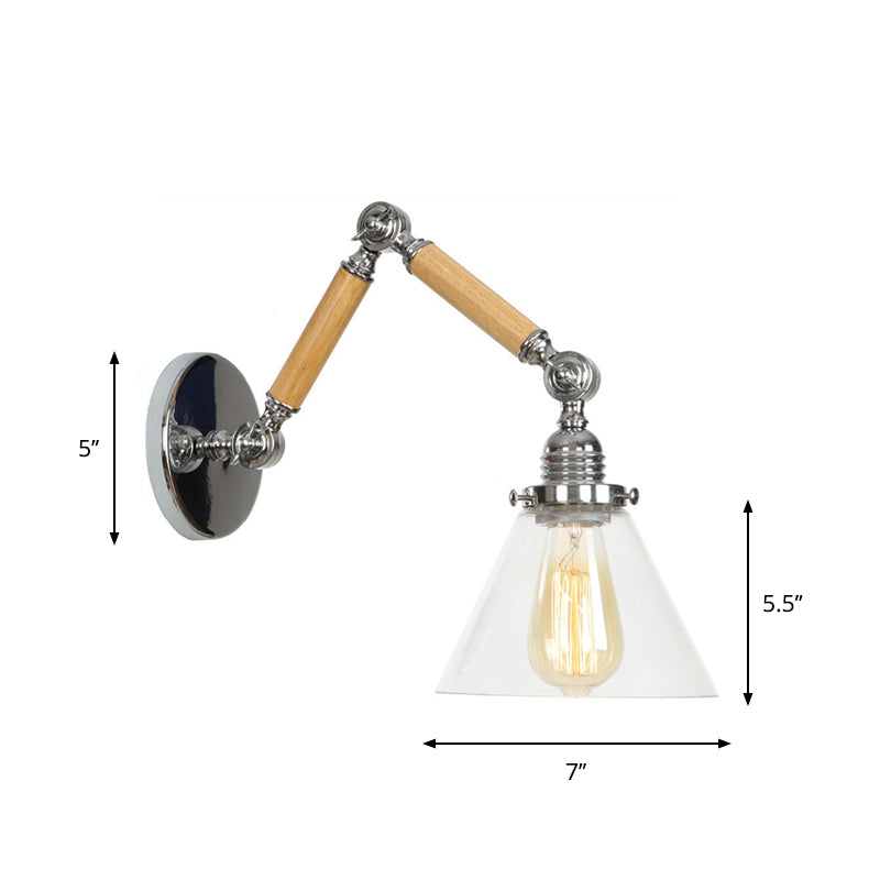 Lisslune | Brown-Silver 1-Bulb Reading Wall Light Loft Clear Glass Bulb/Plate/Bell Shade Wall Lighting with Wood 2-Joint Adjustable Arm