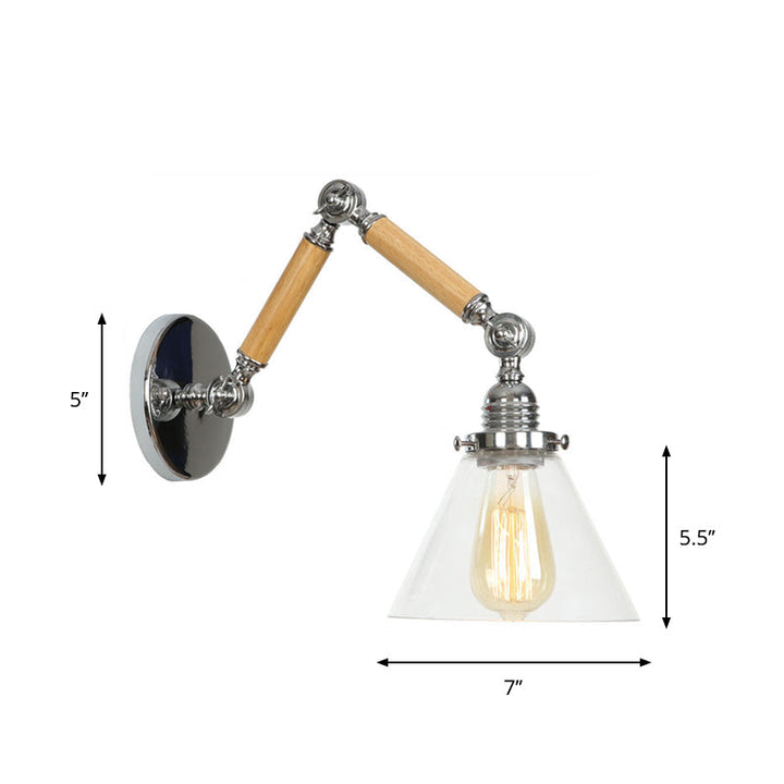 Lisslune | Brown-Silver 1-Bulb Reading Wall Light Loft Clear Glass Bulb/Plate/Bell Shade Wall Lighting with Wood 2-Joint Adjustable Arm
