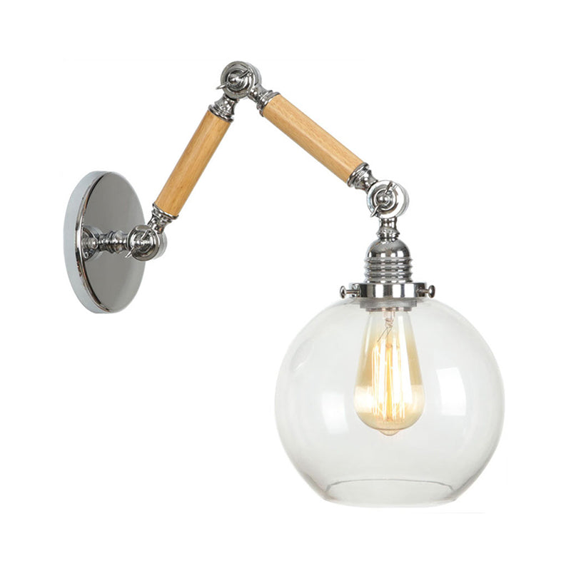 Lisslune | Brown-Silver 1-Bulb Reading Wall Light Loft Clear Glass Bulb/Plate/Bell Shade Wall Lighting with Wood 2-Joint Adjustable Arm