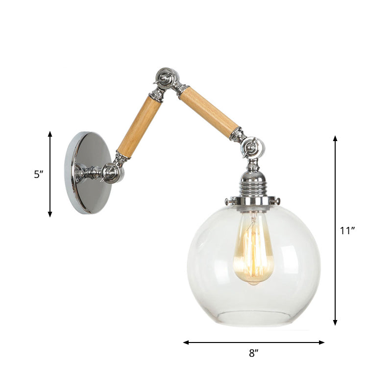 Lisslune | Brown-Silver 1-Bulb Reading Wall Light Loft Clear Glass Bulb/Plate/Bell Shade Wall Lighting with Wood 2-Joint Adjustable Arm