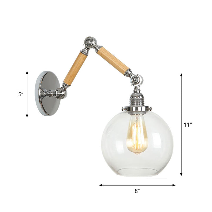 Lisslune | Brown-Silver 1-Bulb Reading Wall Light Loft Clear Glass Bulb/Plate/Bell Shade Wall Lighting with Wood 2-Joint Adjustable Arm