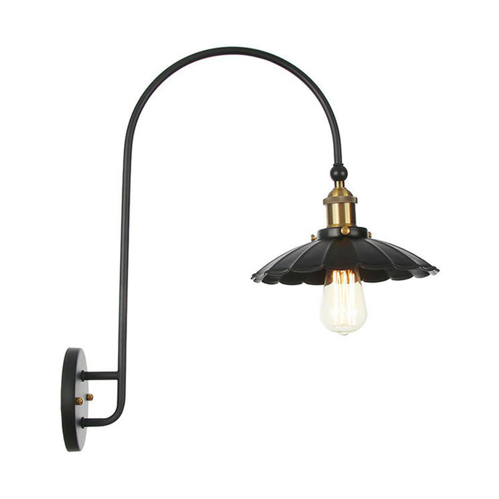 Lisslune | Iron Barn/Bowl/Wave Cut Wall Light Kit Vintage 1 Bulb Nightstand Reading Wall Lamp with Curved Arm in Black