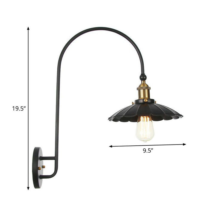 Lisslune | Iron Barn/Bowl/Wave Cut Wall Light Kit Vintage 1 Bulb Nightstand Reading Wall Lamp with Curved Arm in Black