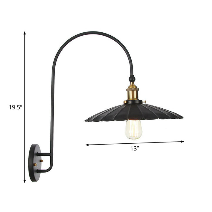 Lisslune | Iron Barn/Bowl/Wave Cut Wall Light Kit Vintage 1 Bulb Nightstand Reading Wall Lamp with Curved Arm in Black