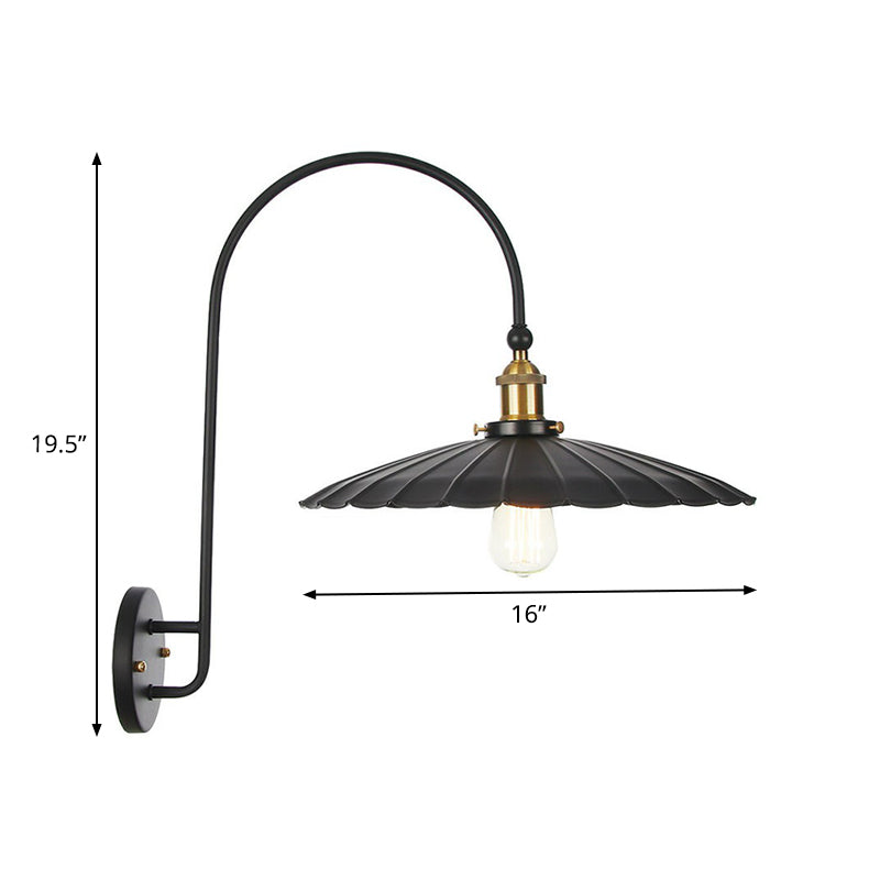Lisslune | Iron Barn/Bowl/Wave Cut Wall Light Kit Vintage 1 Bulb Nightstand Reading Wall Lamp with Curved Arm in Black
