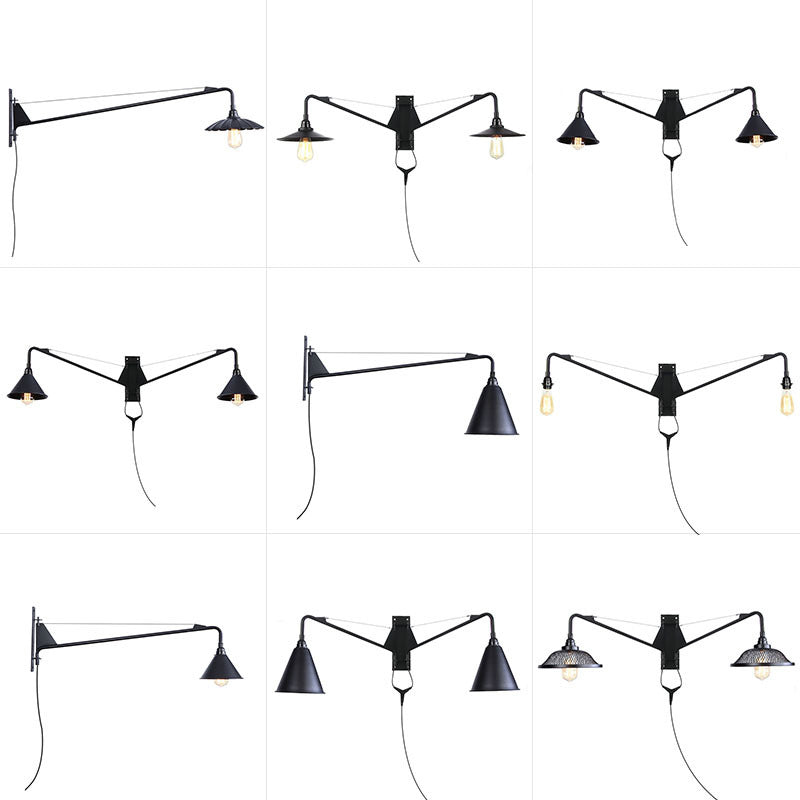 Lisslune | Industrial Scalloped/Exposed Wall Lamp 1/2-Light Iron Plug-in Wall Mounted Lighting with Long Swing Arm in Black