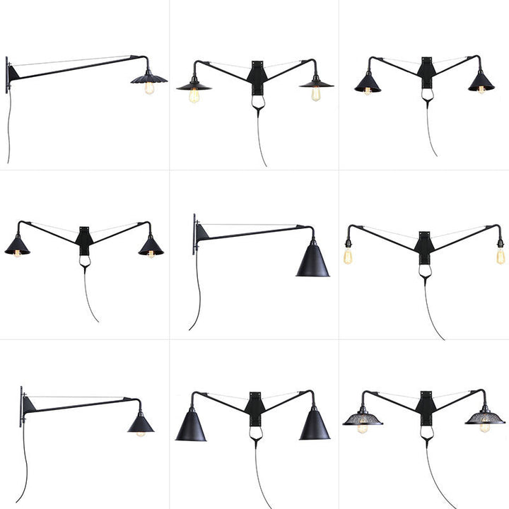 Lisslune | Industrial Scalloped/Exposed Wall Lamp 1/2-Light Iron Plug-in Wall Mounted Lighting with Long Swing Arm in Black