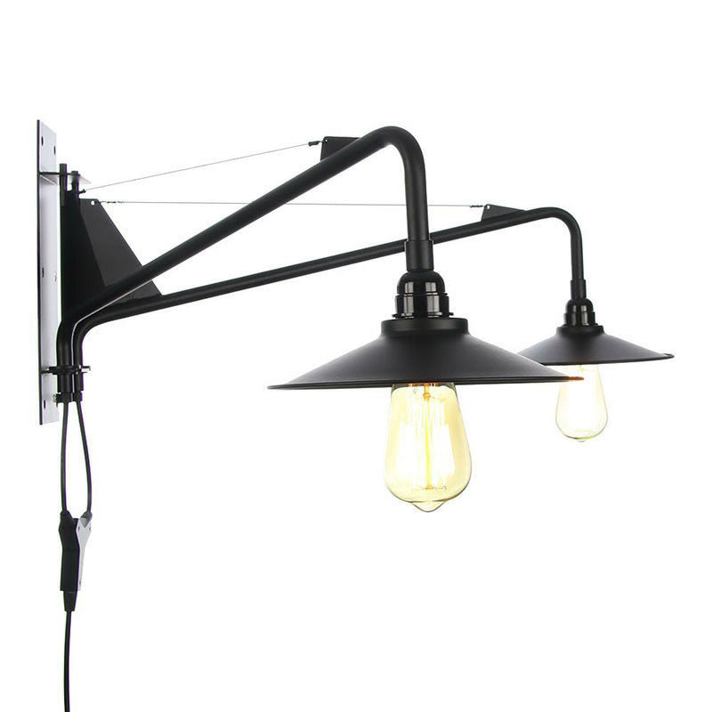 Lisslune | Industrial Scalloped/Exposed Wall Lamp 1/2-Light Iron Plug-in Wall Mounted Lighting with Long Swing Arm in Black