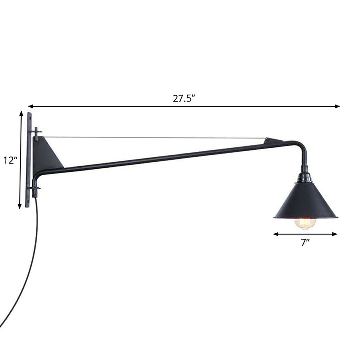 Lisslune | Industrial Scalloped/Exposed Wall Lamp 1/2-Light Iron Plug-in Wall Mounted Lighting with Long Swing Arm in Black