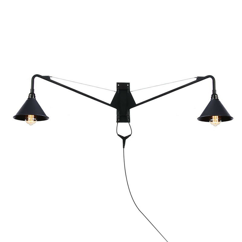 Lisslune | Industrial Scalloped/Exposed Wall Lamp 1/2-Light Iron Plug-in Wall Mounted Lighting with Long Swing Arm in Black