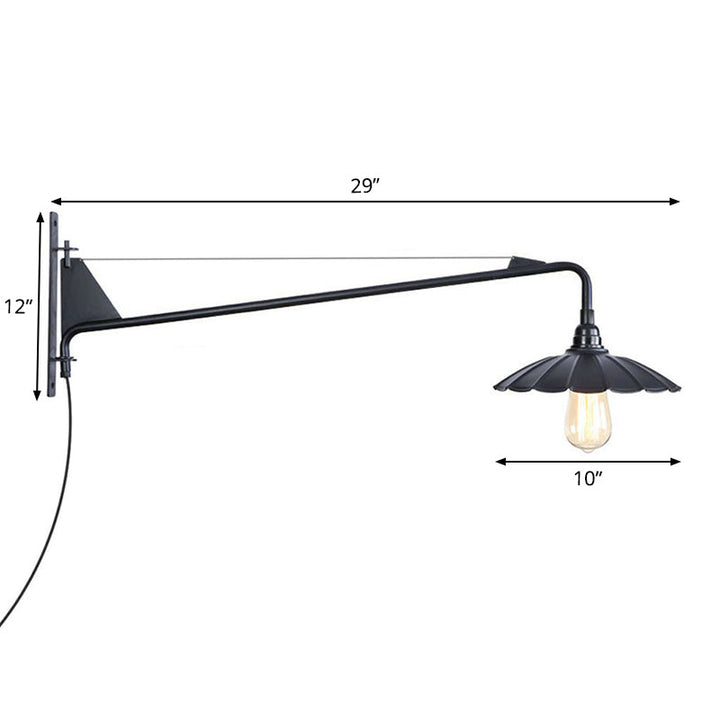 Lisslune | Industrial Scalloped/Exposed Wall Lamp 1/2-Light Iron Plug-in Wall Mounted Lighting with Long Swing Arm in Black