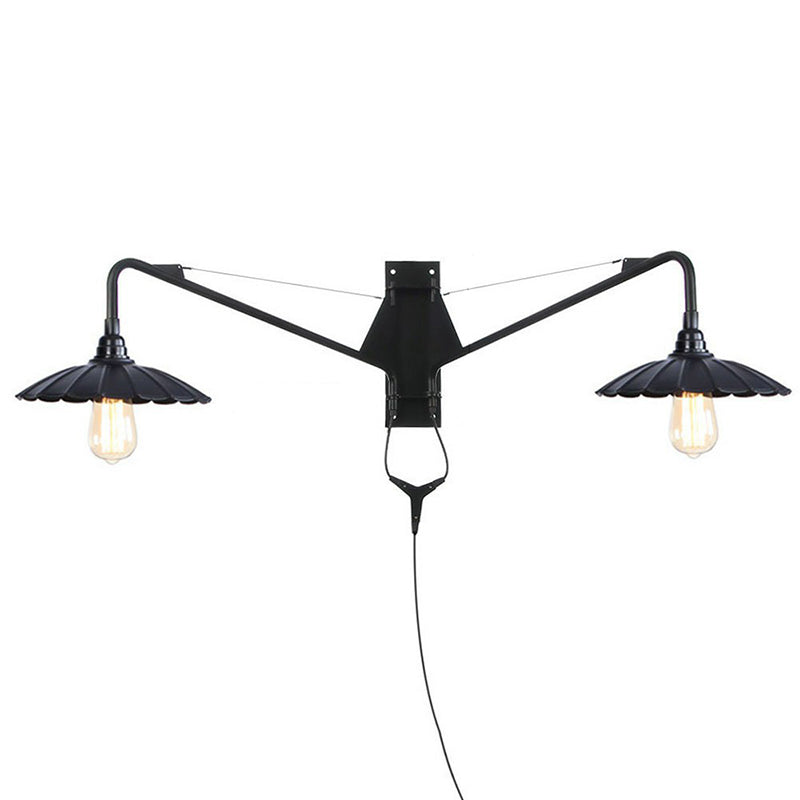 Lisslune | Industrial Scalloped/Exposed Wall Lamp 1/2-Light Iron Plug-in Wall Mounted Lighting with Long Swing Arm in Black