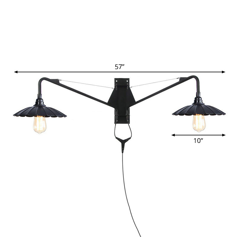 Lisslune | Industrial Scalloped/Exposed Wall Lamp 1/2-Light Iron Plug-in Wall Mounted Lighting with Long Swing Arm in Black
