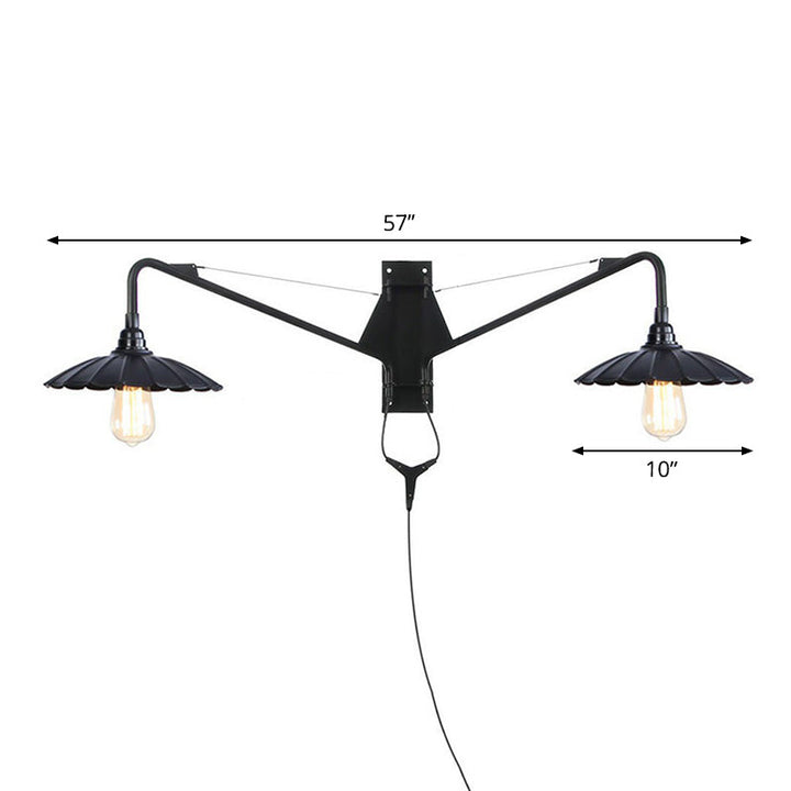 Lisslune | Industrial Scalloped/Exposed Wall Lamp 1/2-Light Iron Plug-in Wall Mounted Lighting with Long Swing Arm in Black