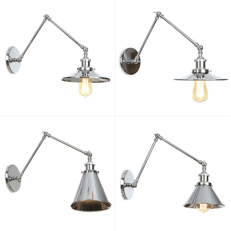 Lisslune | Saucer/Cone/Horn Nightstand Reading Wall Lamp Factory Metal Single 6"/8" W Chrome Wall-Mounted Light Fixture with Rotatable Arm