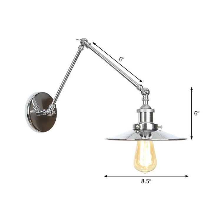 Lisslune | Saucer/Cone/Horn Nightstand Reading Wall Lamp Factory Metal Single 6"/8" W Chrome Wall-Mounted Light Fixture with Rotatable Arm