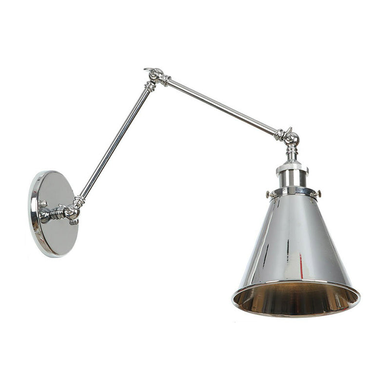 Lisslune | Saucer/Cone/Horn Nightstand Reading Wall Lamp Factory Metal Single 6"/8" W Chrome Wall-Mounted Light Fixture with Rotatable Arm
