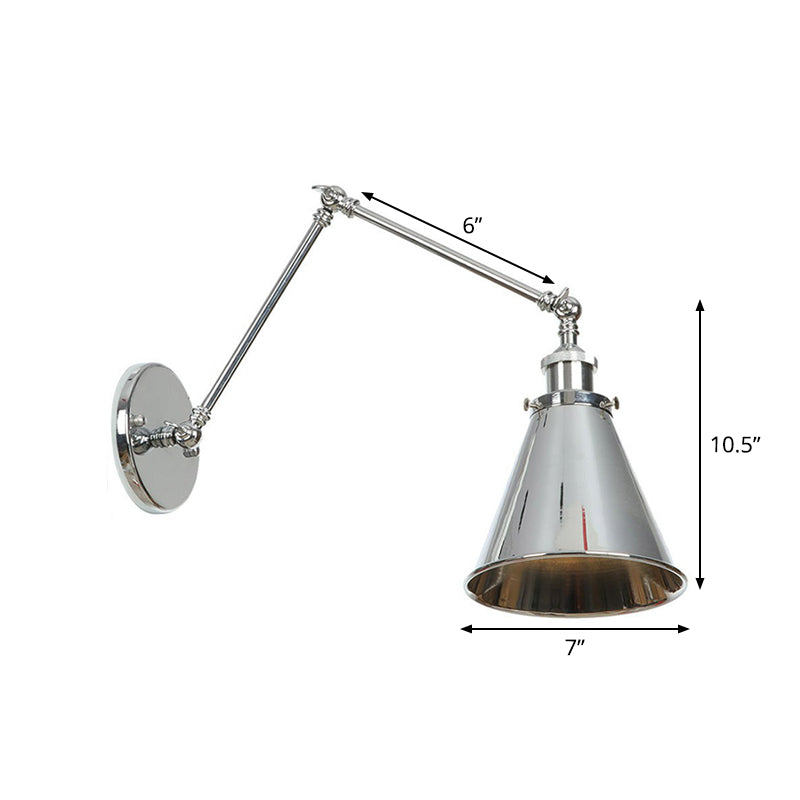 Lisslune | Saucer/Cone/Horn Nightstand Reading Wall Lamp Factory Metal Single 6"/8" W Chrome Wall-Mounted Light Fixture with Rotatable Arm