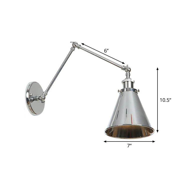 Lisslune | Saucer/Cone/Horn Nightstand Reading Wall Lamp Factory Metal Single 6"/8" W Chrome Wall-Mounted Light Fixture with Rotatable Arm