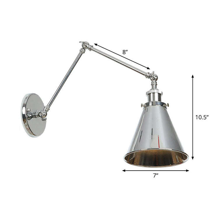 Lisslune | Saucer/Cone/Horn Nightstand Reading Wall Lamp Factory Metal Single 6"/8" W Chrome Wall-Mounted Light Fixture with Rotatable Arm