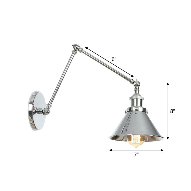Lisslune | Saucer/Cone/Horn Nightstand Reading Wall Lamp Factory Metal Single 6"/8" W Chrome Wall-Mounted Light Fixture with Rotatable Arm