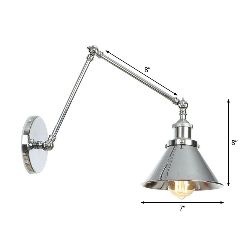 Lisslune | Saucer/Cone/Horn Nightstand Reading Wall Lamp Factory Metal Single 6"/8" W Chrome Wall-Mounted Light Fixture with Rotatable Arm