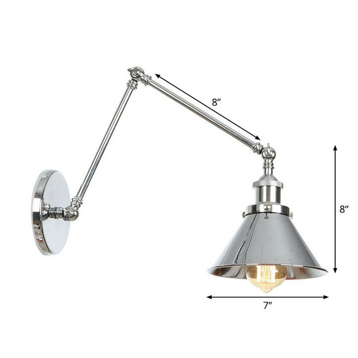 Lisslune | Saucer/Cone/Horn Nightstand Reading Wall Lamp Factory Metal Single 6"/8" W Chrome Wall-Mounted Light Fixture with Rotatable Arm