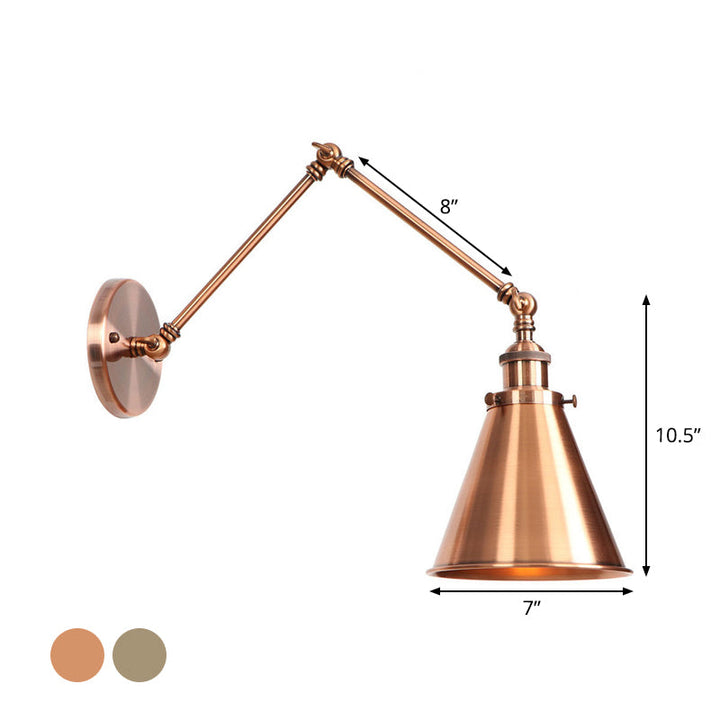 Lisslune | 6"/8" L 2-joint swivel arm iron wall light industrial 1 bulb studio work wall lamp with cone shade in bronze/copper
