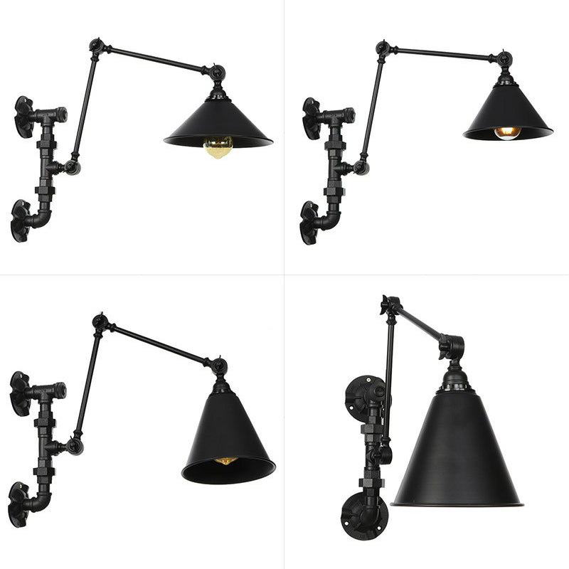 Lisslune | Cone/Flared Living Room Wall Lamp Industrial Iron 1-Light Black Rotatable Wall Lighting with Water Pipe Mount