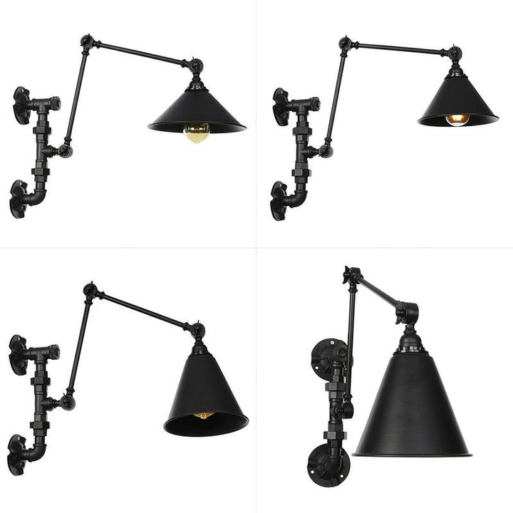 Lisslune | Cone/Flared Living Room Wall Lamp Industrial Iron 1-Light Black Rotatable Wall Lighting with Water Pipe Mount