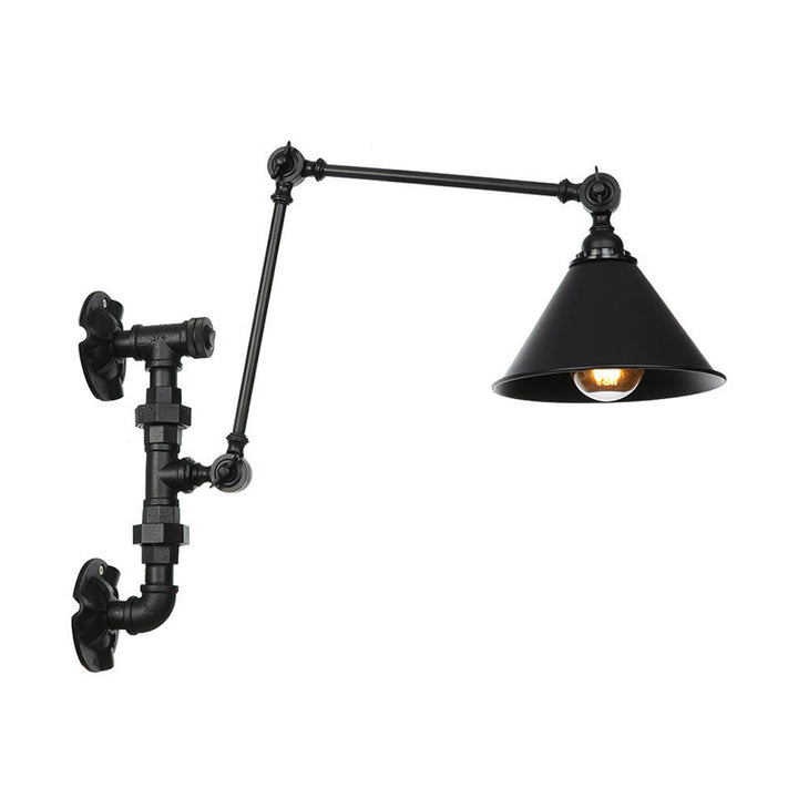Lisslune | Cone/Flared Living Room Wall Lamp Industrial Iron 1-Light Black Rotatable Wall Lighting with Water Pipe Mount