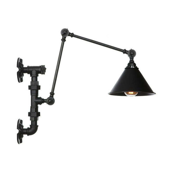Lisslune | Cone/Flared Living Room Wall Lamp Industrial Iron 1-Light Black Rotatable Wall Lighting with Water Pipe Mount